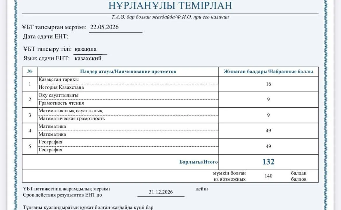 Нұрланұлы Темірлан — 132 балл, ҰБТ 2025